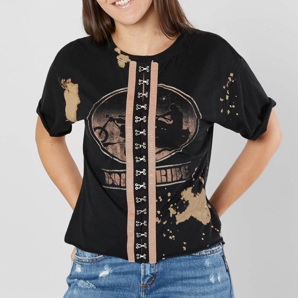 Rugged Gypsy Black Motorcycle Born to Ride Bleached Corset Style Oversized T XS - Picture 1 of 5